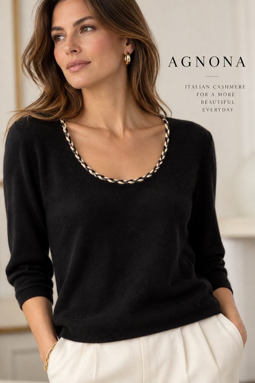 Agnona Italy 100% Cashmere Black Braided Scoop Neck Sweater IT 46 Quiet Luxury